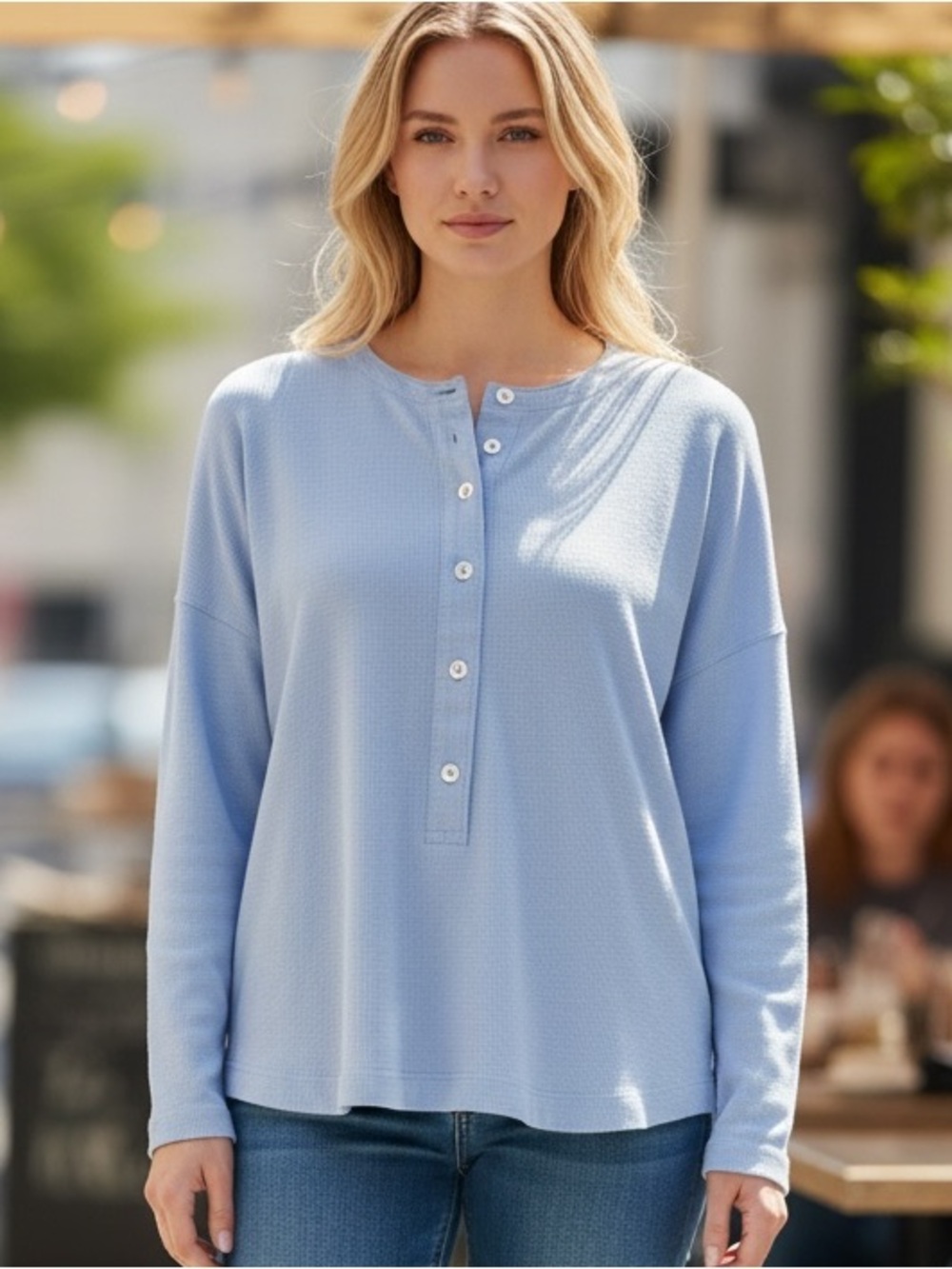 Madewell Women's Oversized S‎ Boxy Button Knit LS Tee T-Shirt Blue NWT